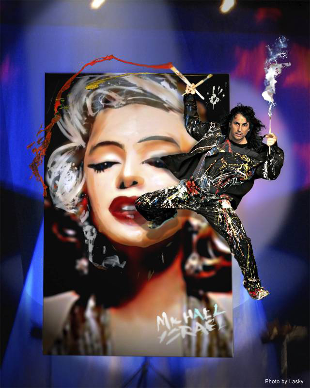 Michael Israel mid-performance with Marilyn Monroe painting (photo: Lasky)