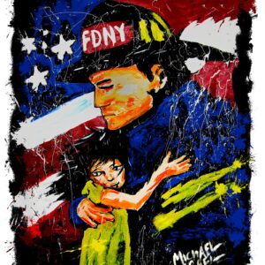 HERO by Michael Israel: firefighter holding a child against the American flag.