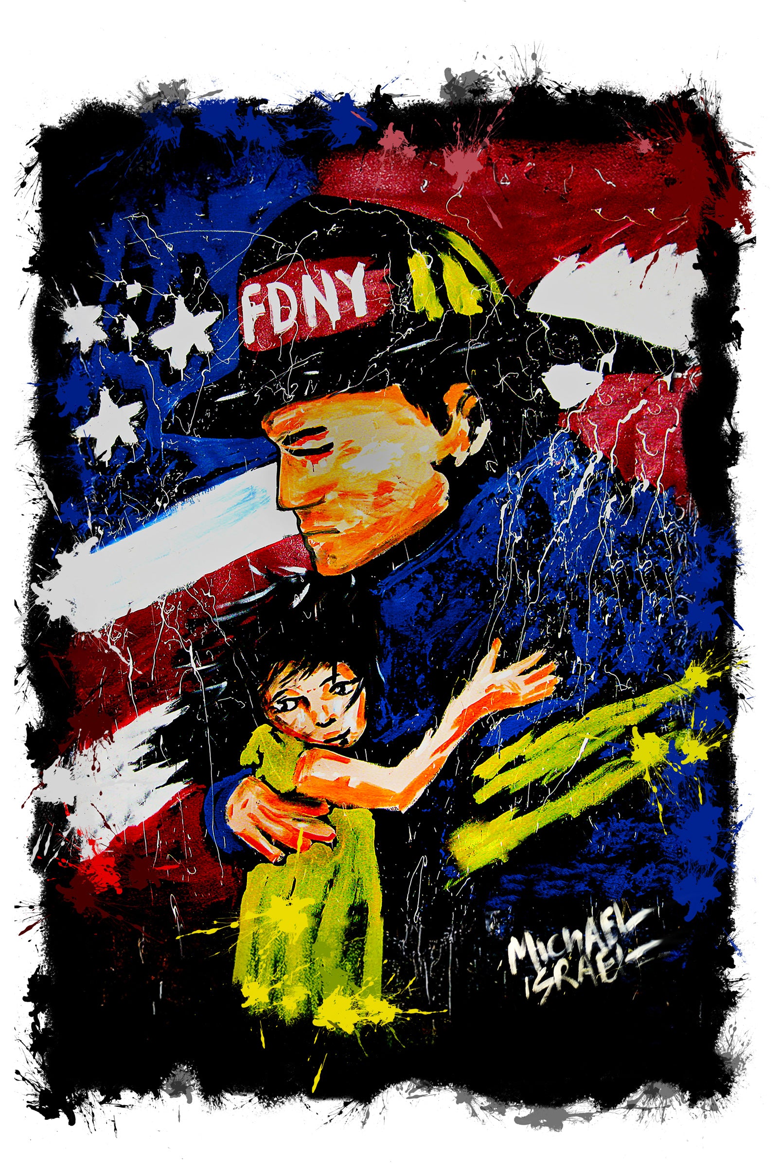 HERO by Michael Israel: firefighter holding a child against the American flag.