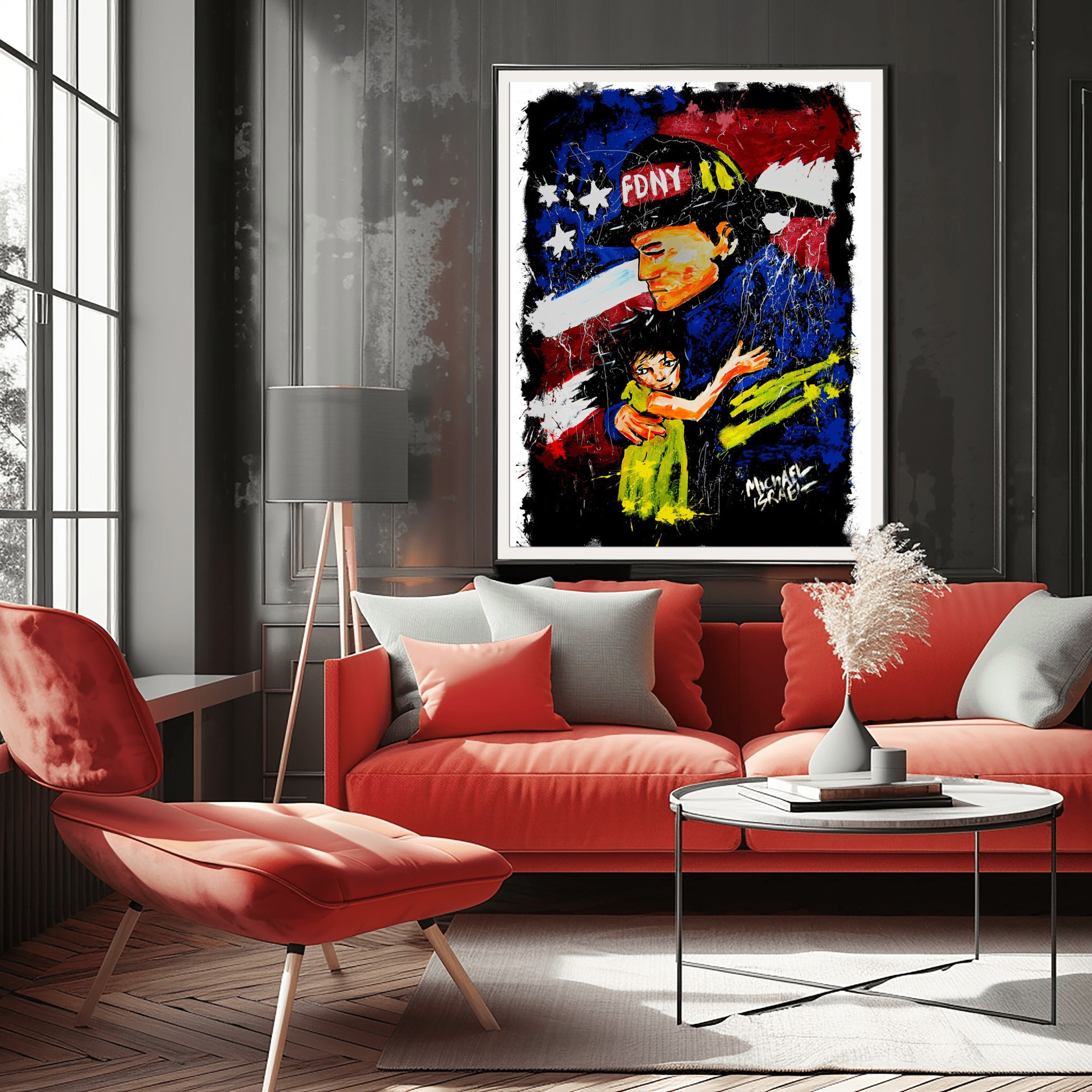 HERO artwork installed above a red sofa.