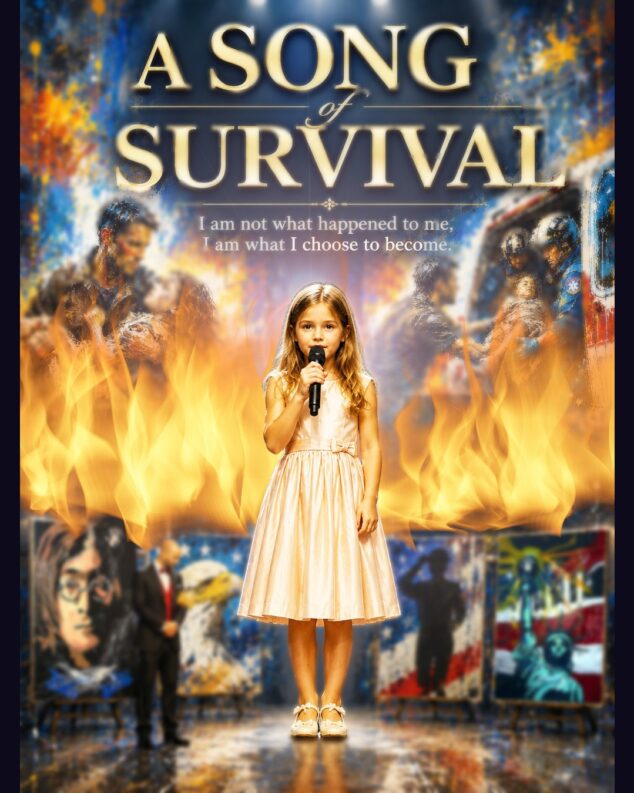 A Song of Survival — young girl singing on stage surrounded by live paintings, Fort Wayne Indiana