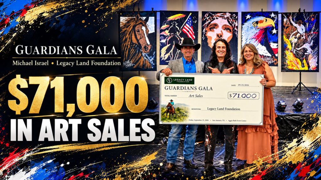 Michael Israel with Legacy Land Foundation leaders holding a $71,000 Guardians Gala check in front of five paintings
