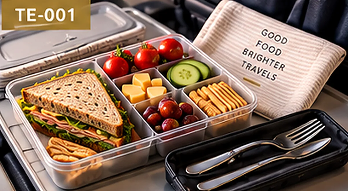 Compact portable meal kit with compartment container, cutlery and napkin on an airplane tray table