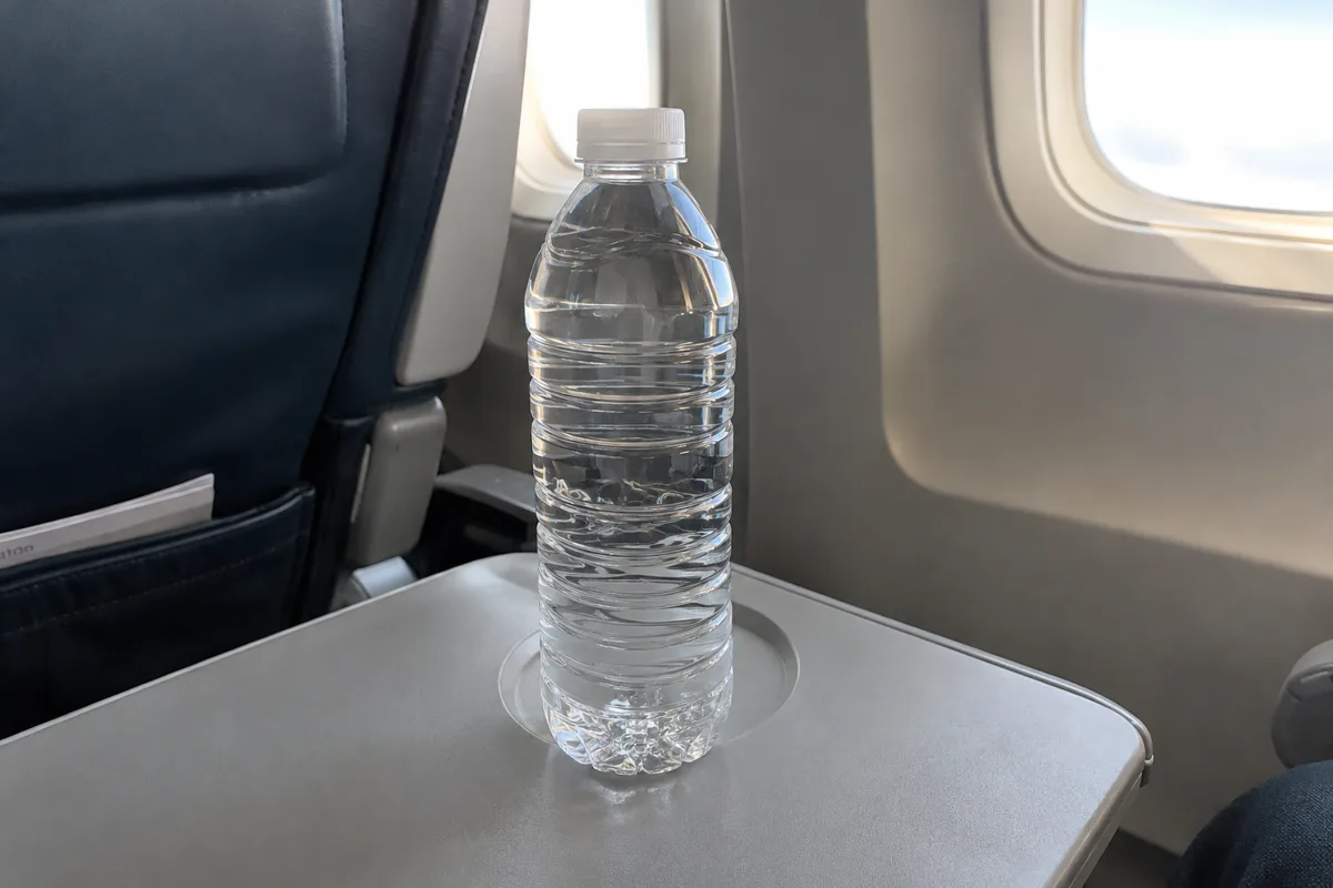 Standard plastic water bottle filled with water on an airplane tray table
