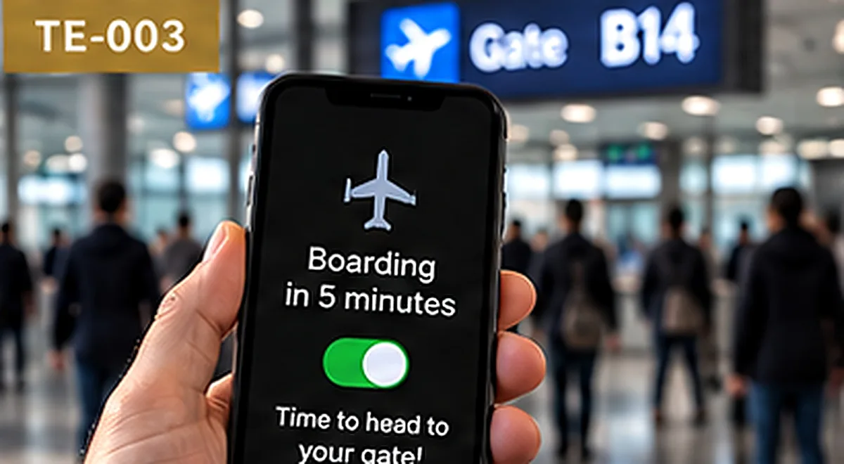 Phone alarm reminding a traveler that boarding starts in five minutes