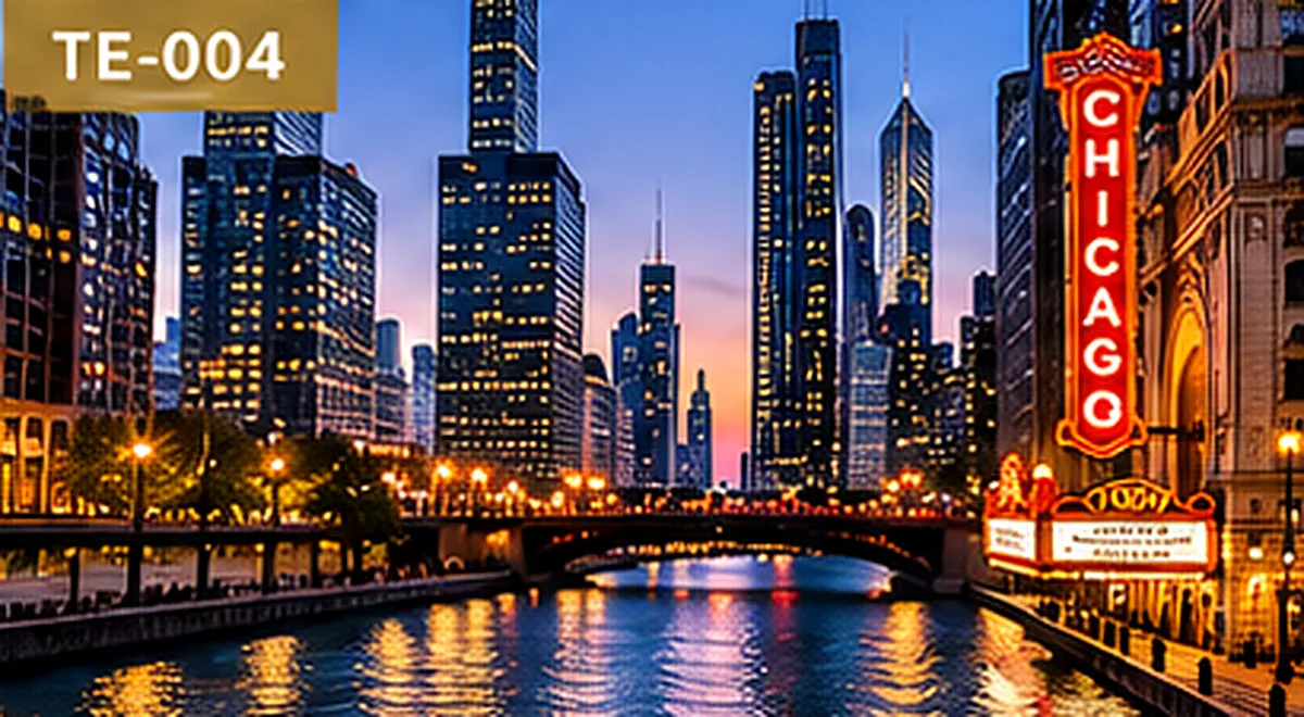 Chicago skyline and river at dusk