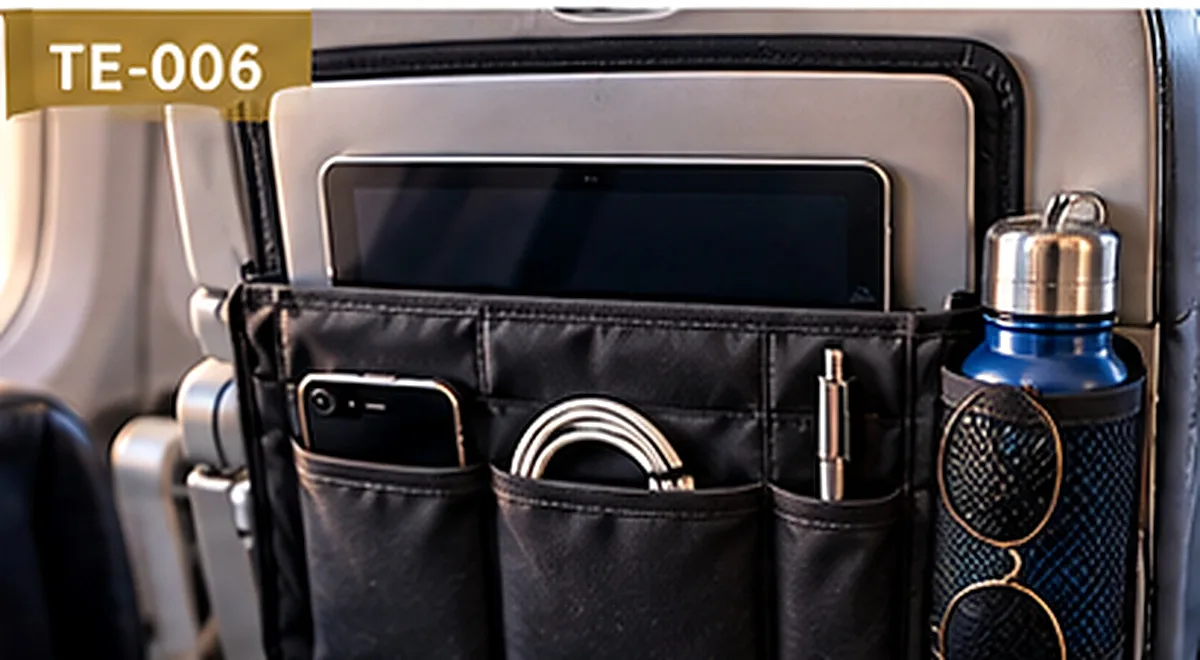 Foldable airplane seat organizer holding a tablet, phone, cables and water bottle