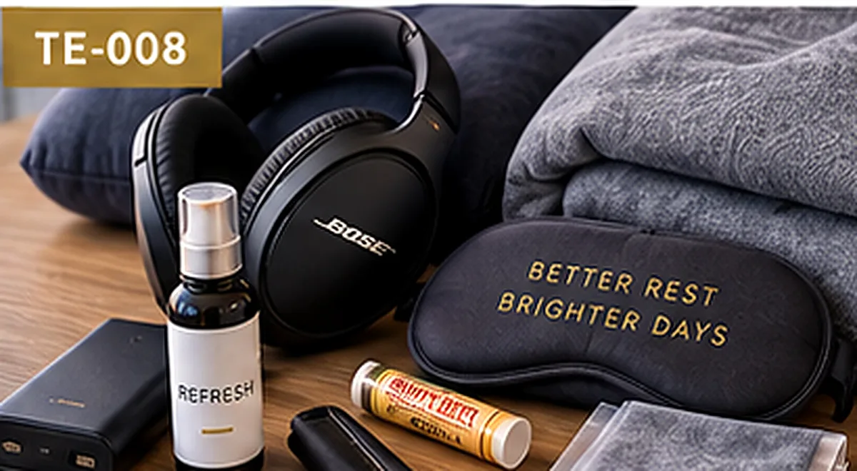 Noise-canceling headphones, power bank, sleep mask and comfort items