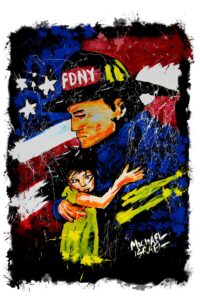 HERO — Firefighter and Child Artwork. Credit: Michael Israel. HERO by Michael Israel: firefighter holding a child against the American flag.